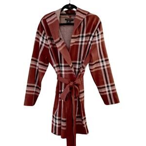 Tahari 3/4 Length Plaid Sweater Wrap Cardigan Women's XL | Rust & Brown | EUC